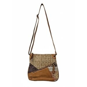 Melanie Paris Patchwork Camel Crossbody Bag Small Brown Mixed Media Excellent